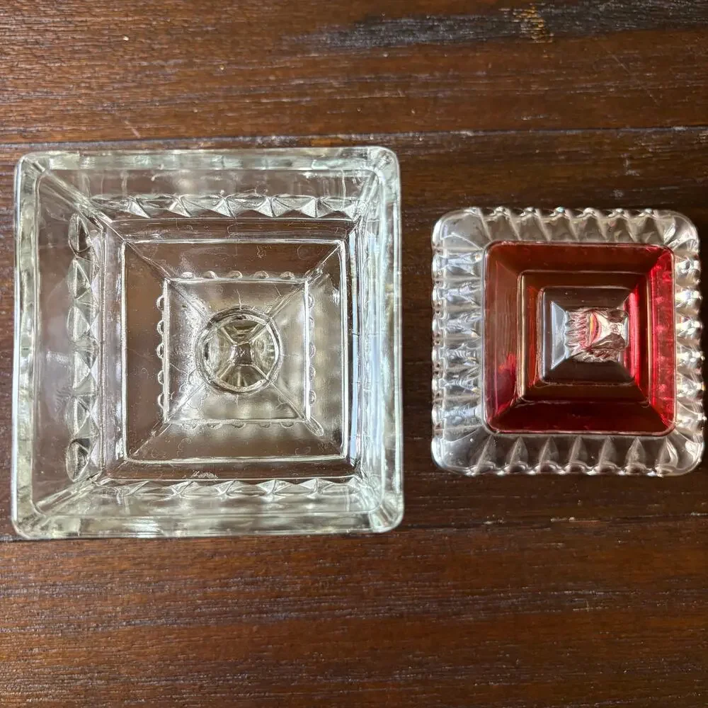 Vintage Glass Candy Dish Ruby Flash Lid Footed Compote Mismatched Eclectic 30s